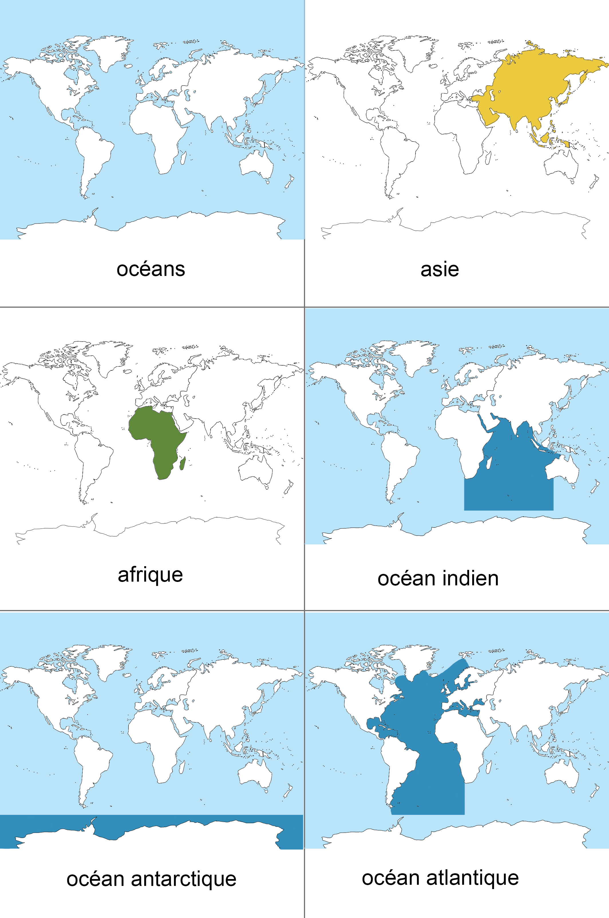 cartes de nomenclature Les océans et Les continents ief