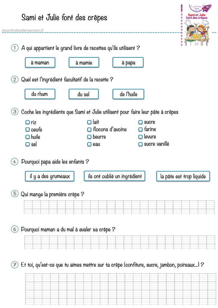 compréhension texte sami et Julie font des crêpes lecture rallye