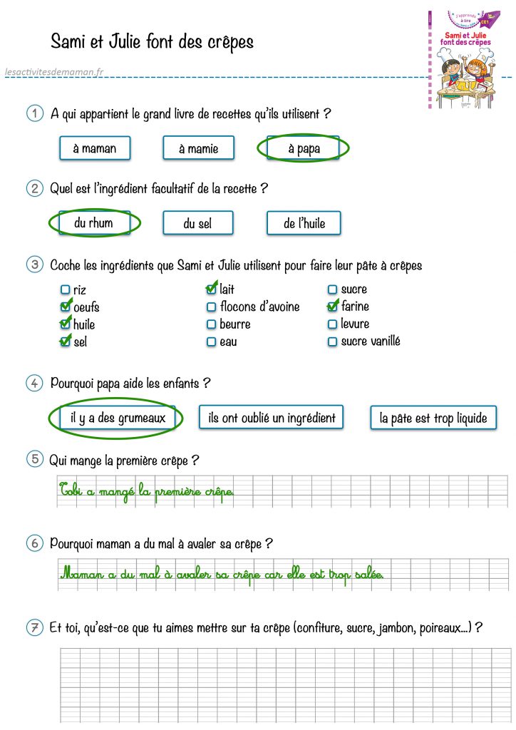 compréhension texte sami et Julie font des crêpes