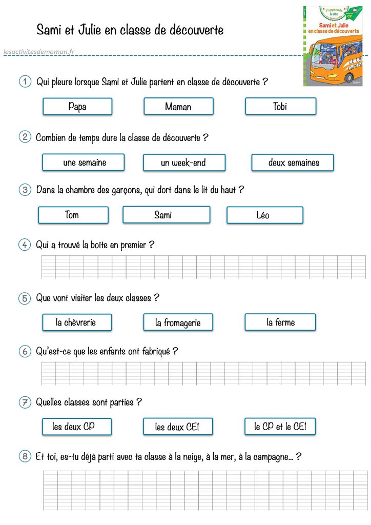 fiche comprehension texte classe découverte