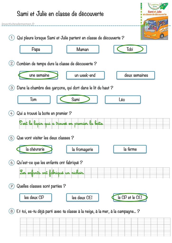 correction fiche sami et julie en classe découverte