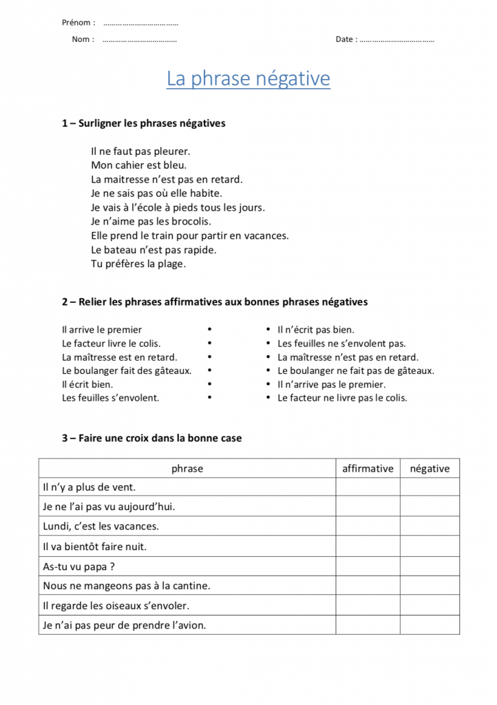 exercices révisions phrases négatives