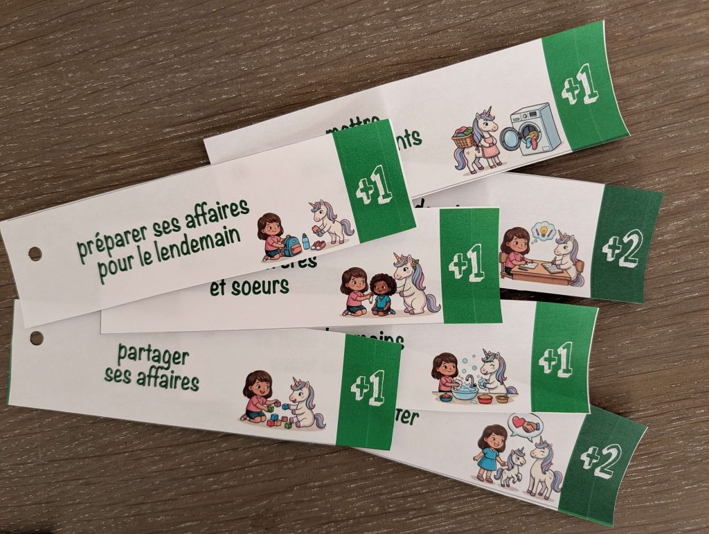 Cartes de points positifs et bons de récompense pour comportement enfant à imprimer thème licorne.