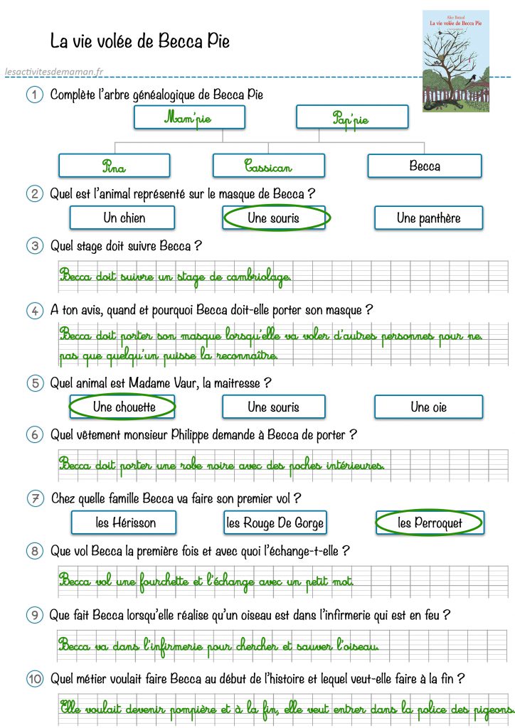 correction fiche la vie volée de becca pie