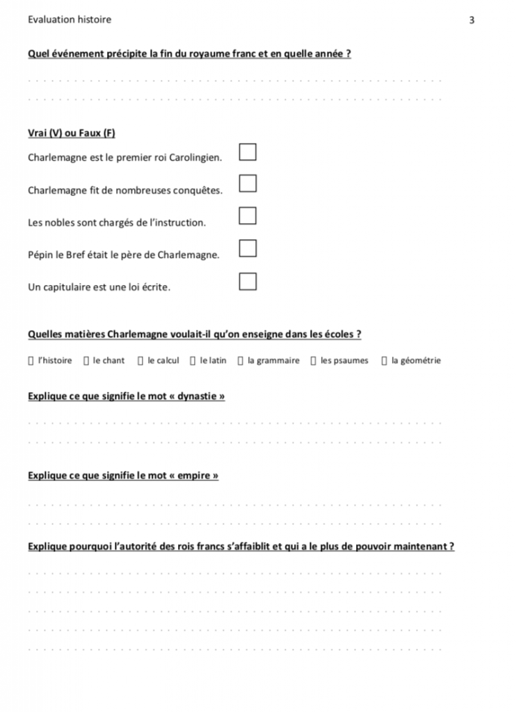 évaluation charlemagne et les carolingiens